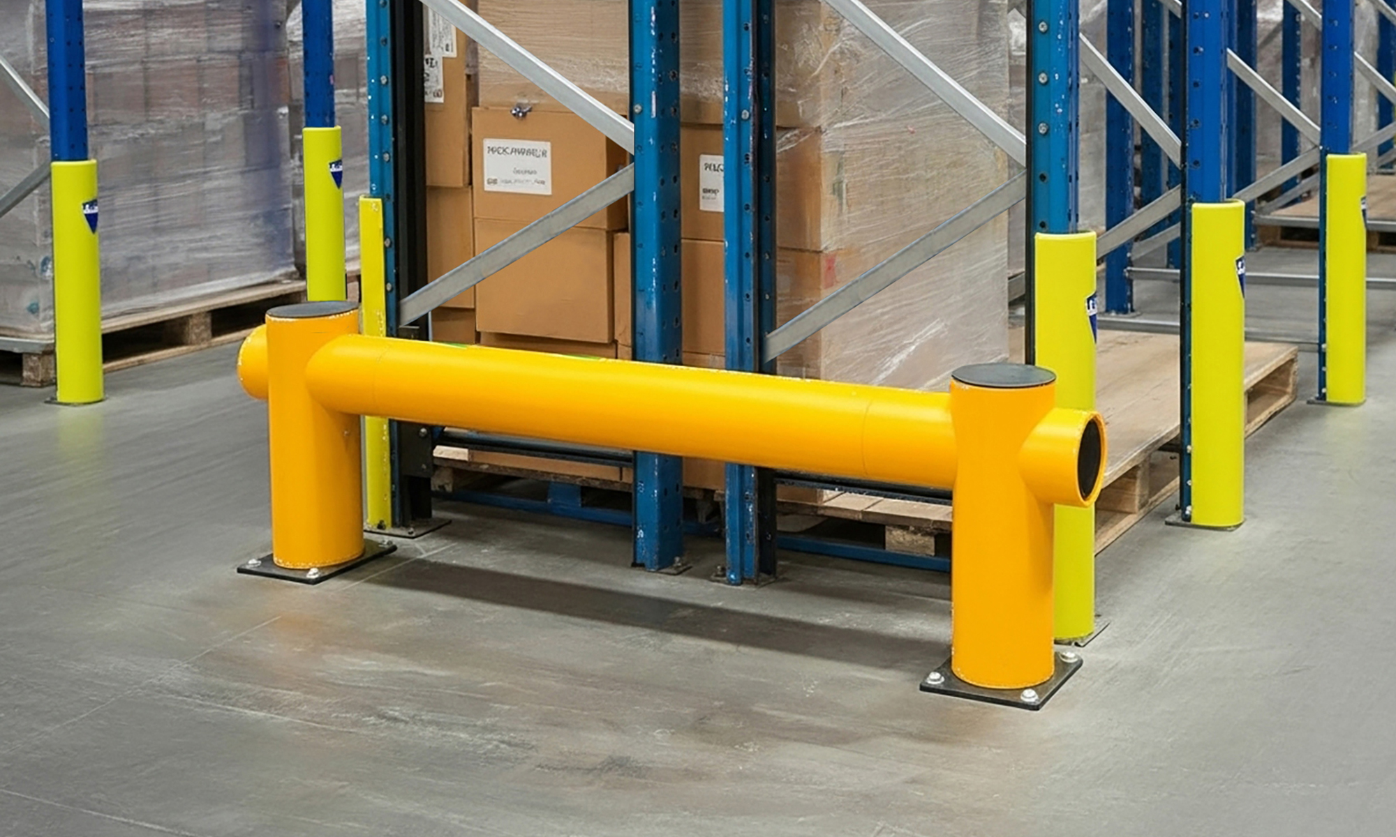 Brandsafe single rail barrier with Rack Armour upright protectors at the end of a warehouse aisle