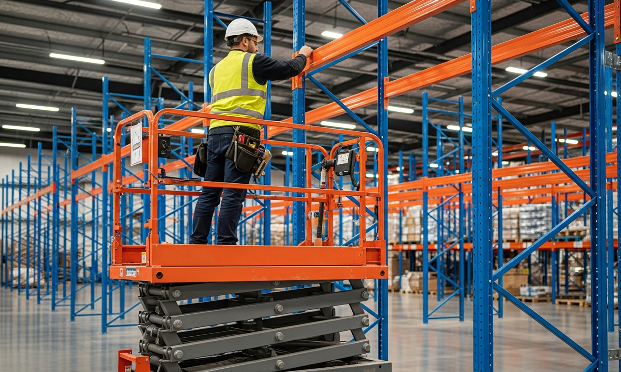 Warehouse technician installing pallet racking beams using a scissor lift