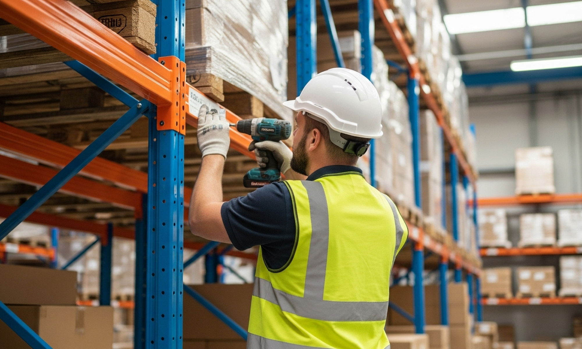 Warehouse maintenance engineer repairing pallet racking with a drill