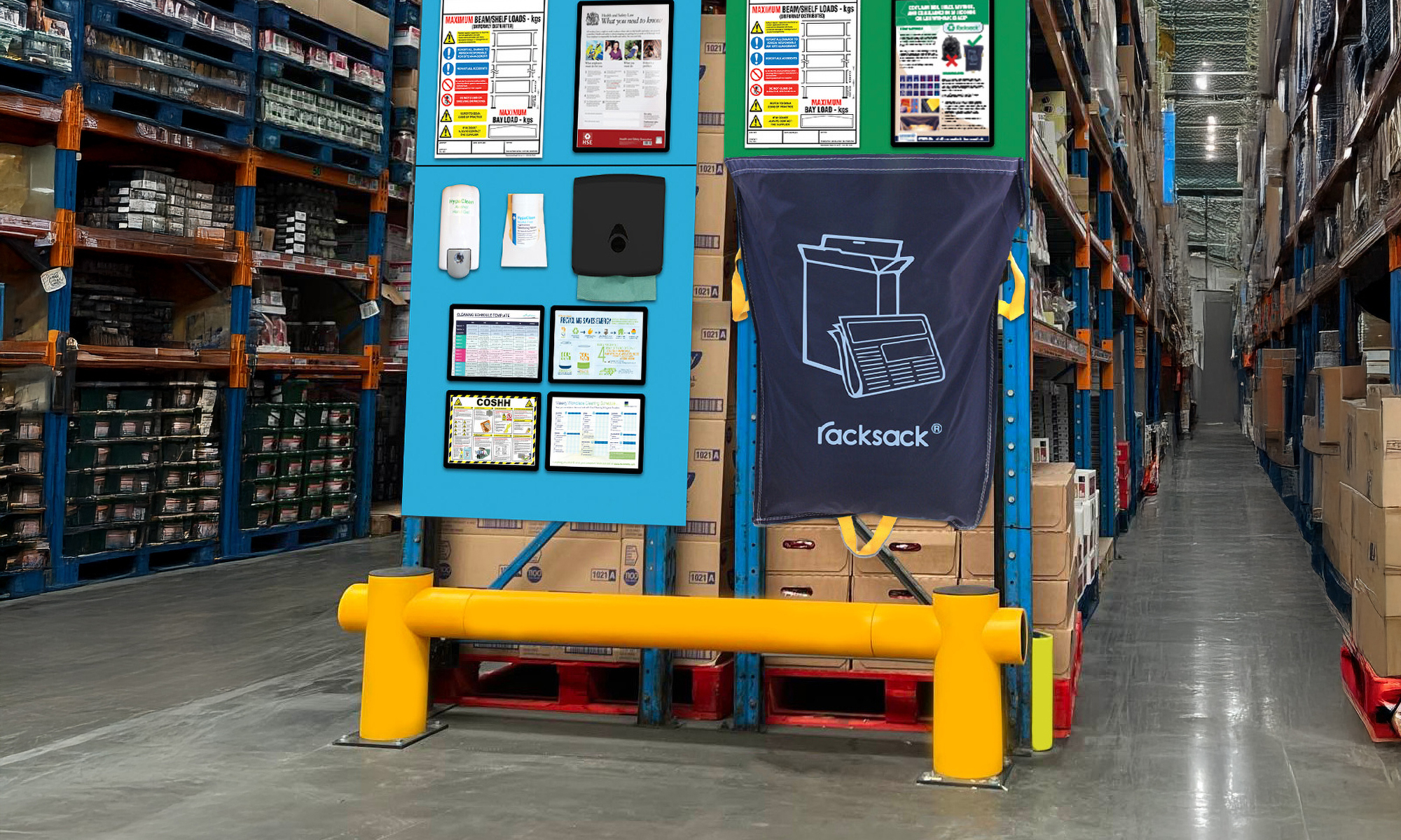 Rack end barrier protecting pallet racking with mounted safety boards and a Racksack in a busy warehouse aisle