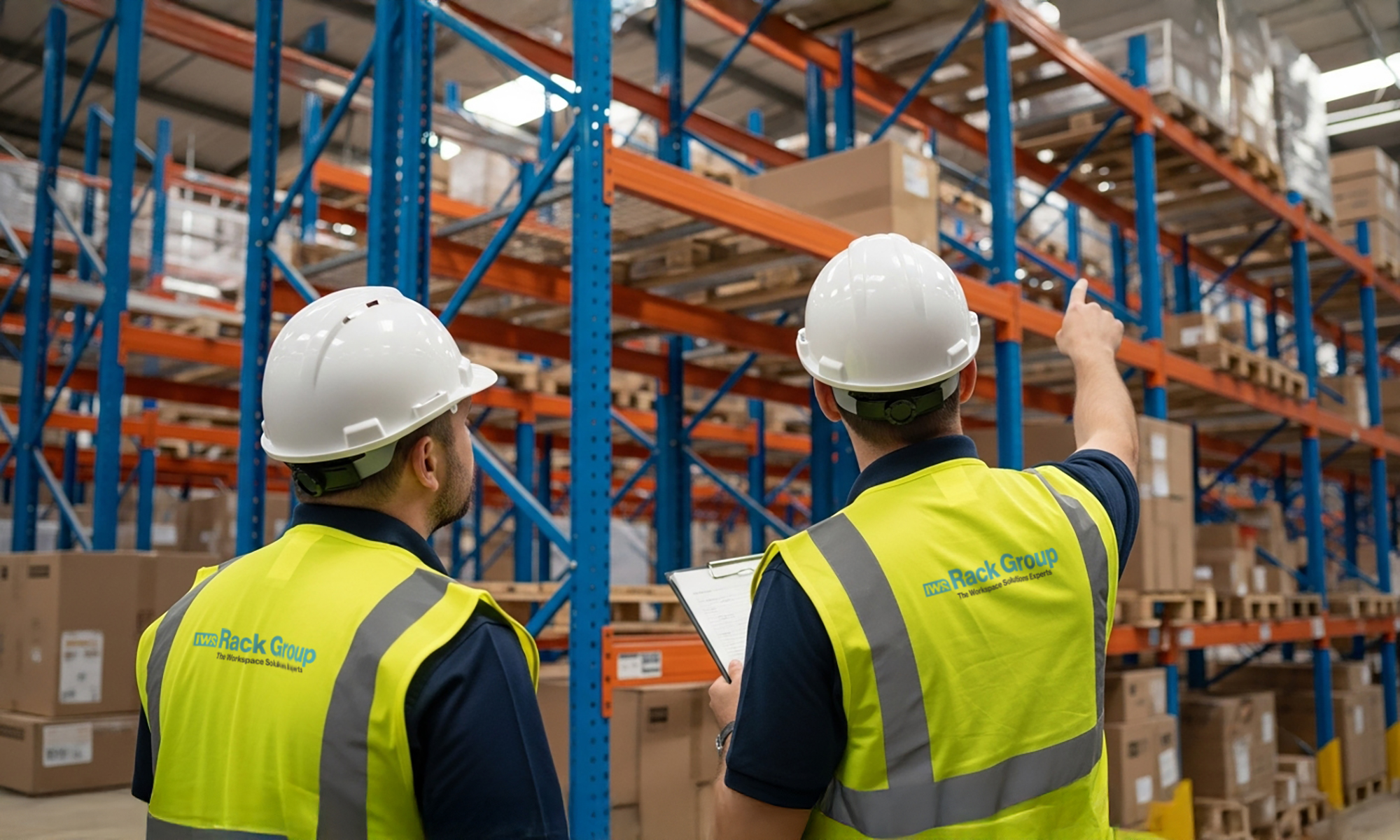 Two Rack Group inspectors assessing pallet racking during a warehouse safety inspection