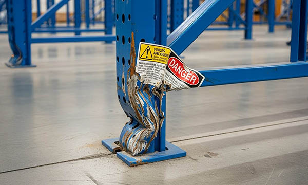 Close Up Of Damaged Pallet Racking Upright Showing Forklift Impact 600x360