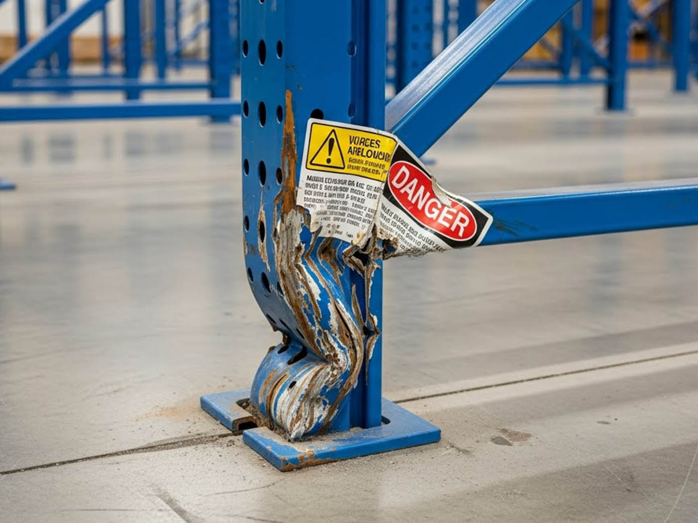 Close Up Of Damaged Pallet Racking Upright Showing Forklift Impact