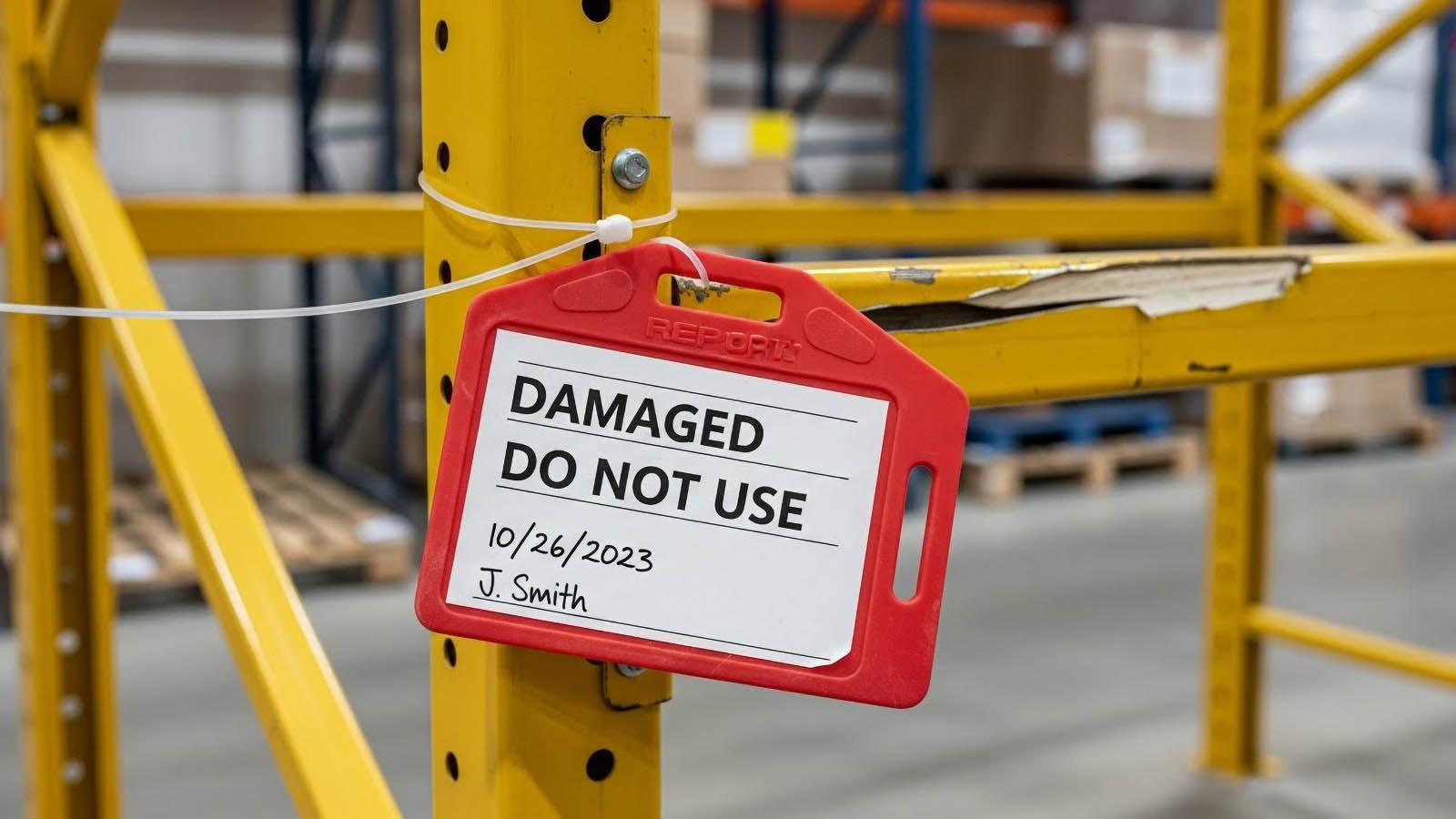Red Damage Report Tag Attached To Damaged Pallet Racking Bay Image